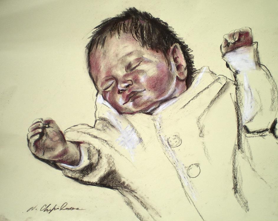 Bébé, sépia, pastels secs, 2006